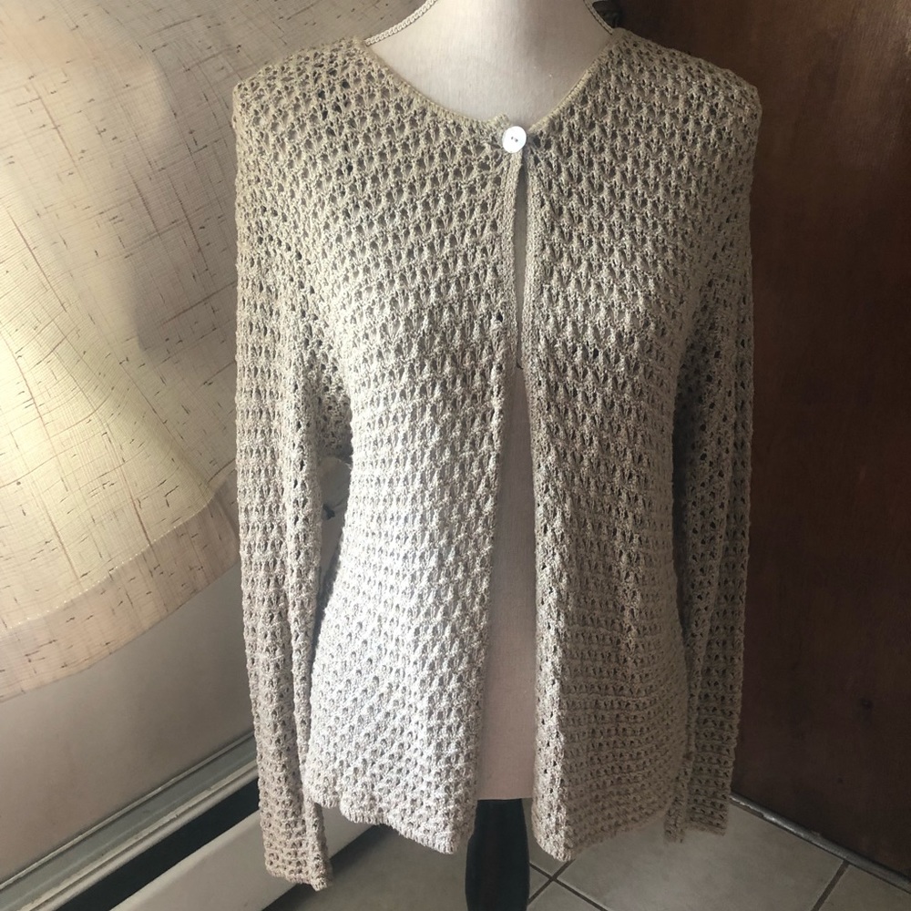 JP Berringer Open Knit Cardigan Sweater Single Top Button Closure Beige SZ M